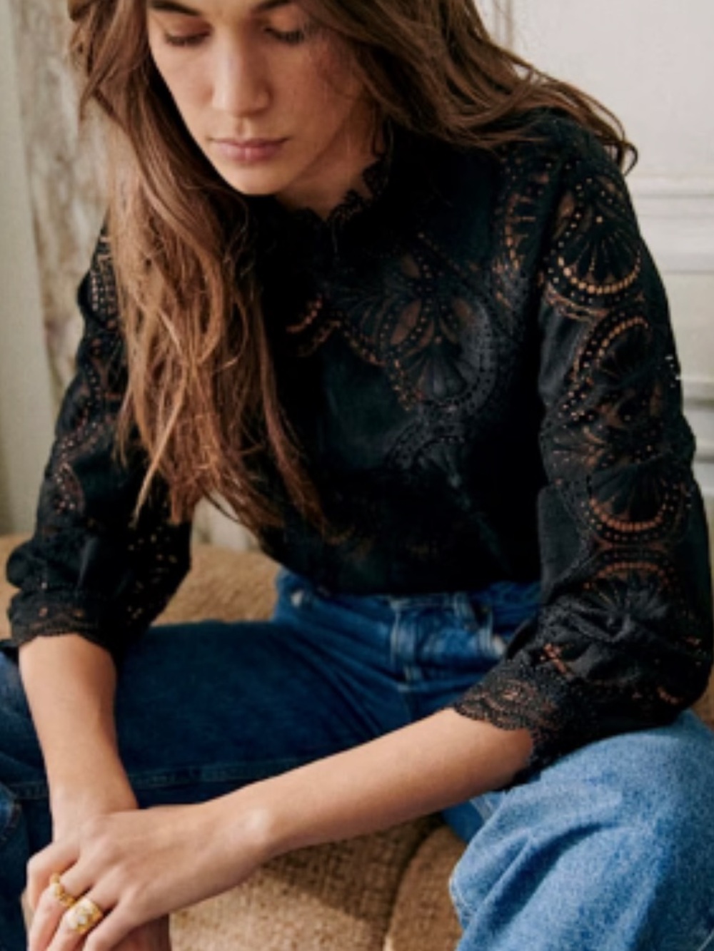 Sezane Bianca Blouse Lace Top Eyelet Mock Neck Cotton Black Size Medium Fr 38